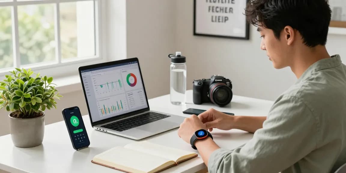 Engaged individual using a smart ring in a tech-focused home office.