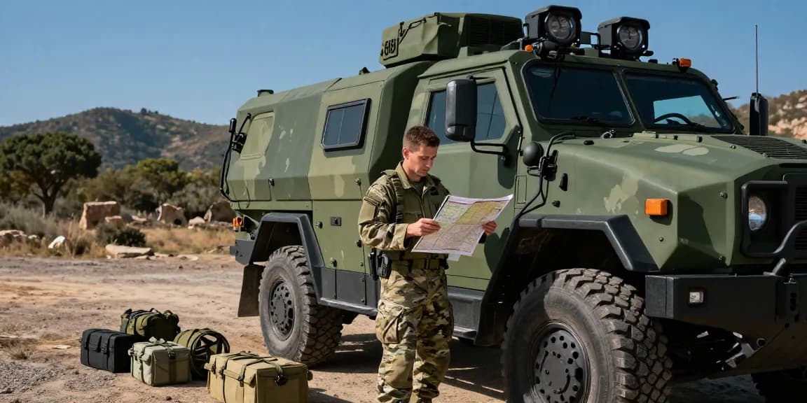 88m com Motor Transport Operator reviewing logistics by military vehicle in a rugged setting.