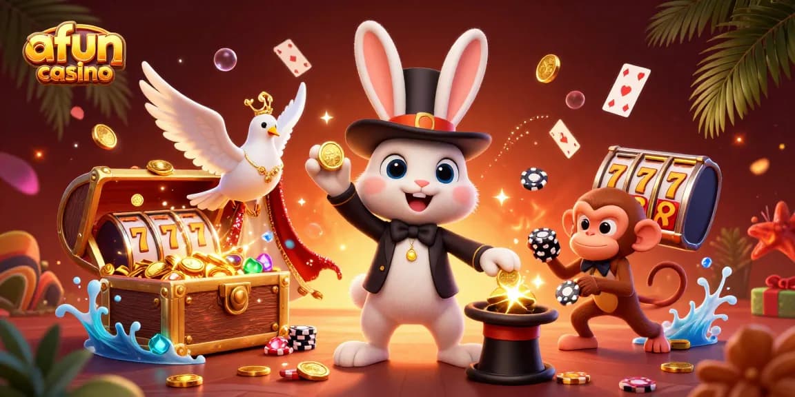Afun casino scene featuring a magician rabbit, dove assistant, and monkey with poker chips amongst vibrant casino elements.