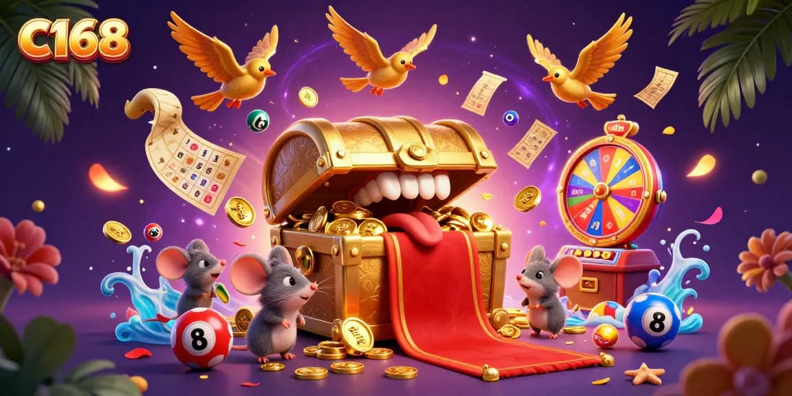 C168 showcases a vibrant 3D casino scene with treasure chests, golden birds, and lottery balls bouncing, enticing players.