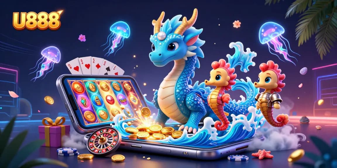 Spin lucky slots with U888's dynamic casino scene featuring vibrant gaming elements.