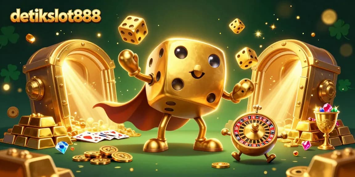 Experience the excitement of detikslot888 with vibrant 3D gaming elements, including golden dice and treasure!
