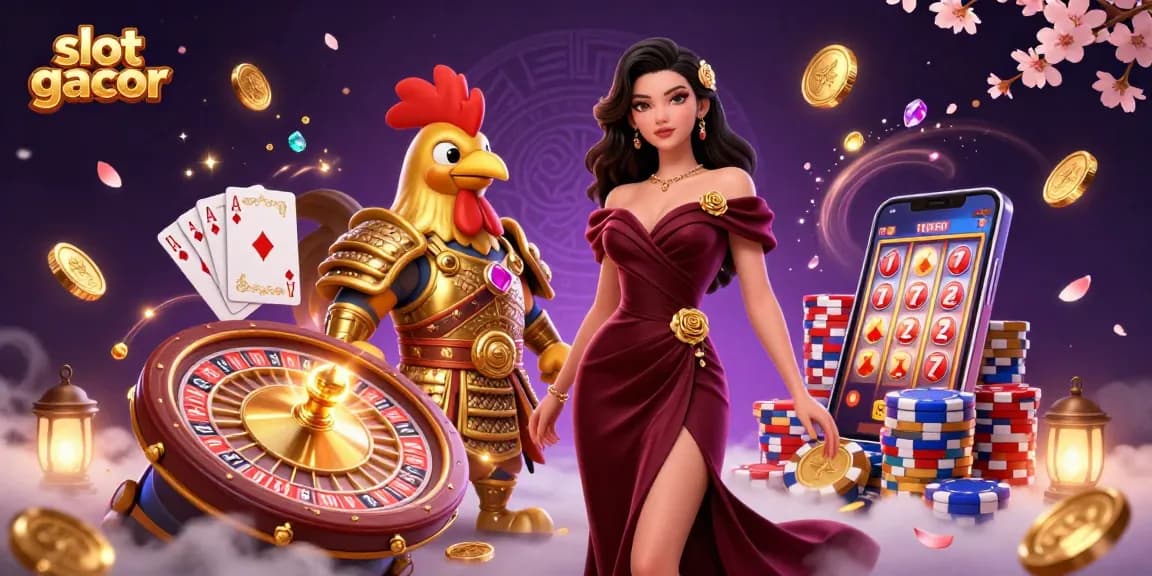 Experience the excitement of slot gacor with a glamorous casino illustration of a woman and a golden rooster warrior.