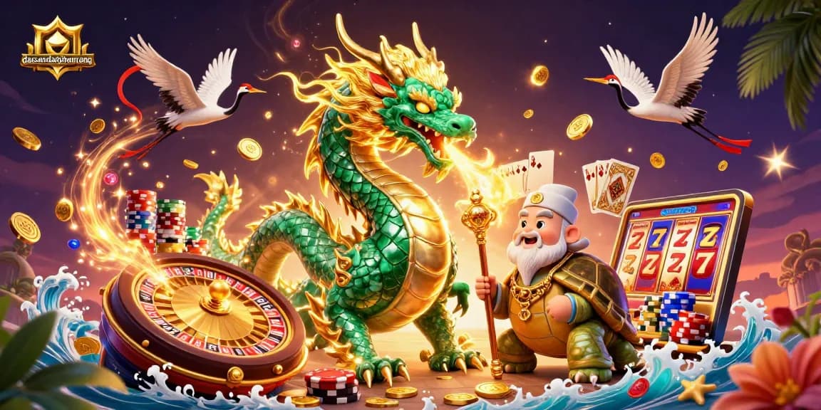 Experience the excitement of dacsandatphanrang's unique gaming with a vibrant scene showcasing a jade dragon and lucky symbols.