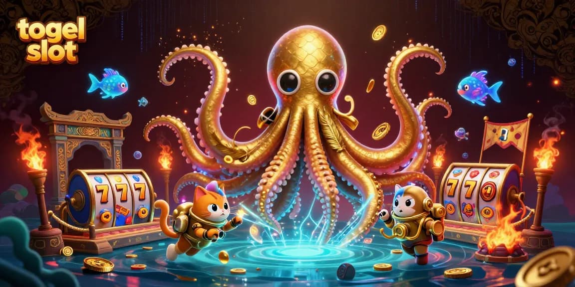 Experience thrilling action with togel slot as a kraken and a diving cat celebrate wins.