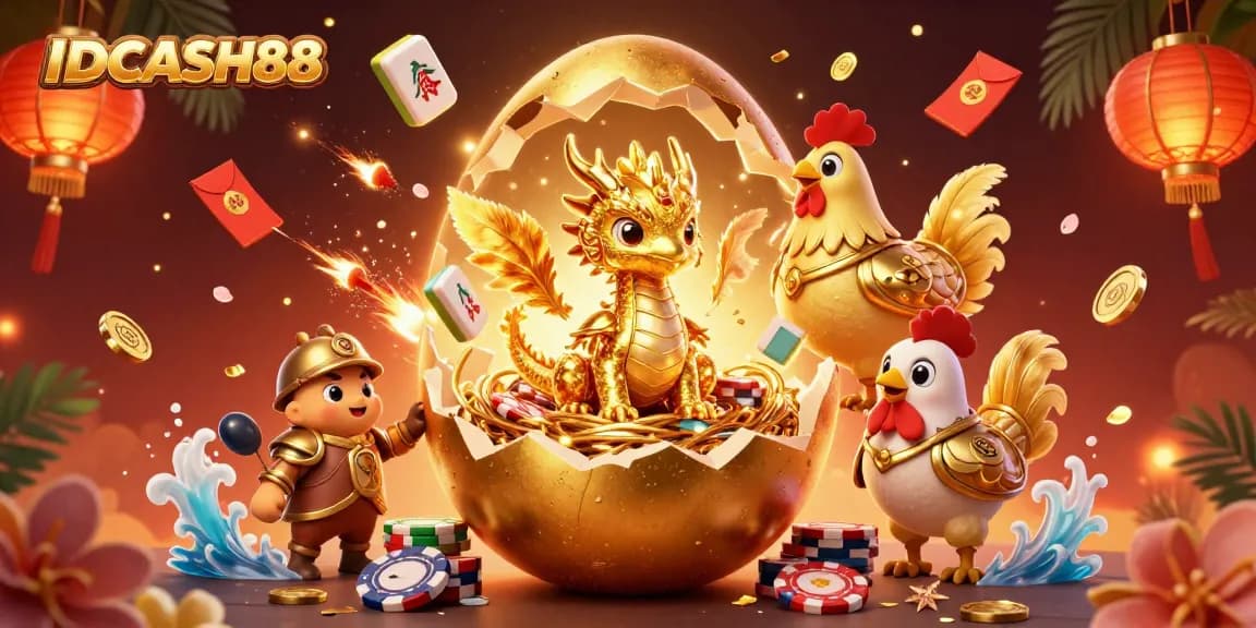 Experience the thrill of gaming with IDCASH88, featuring a golden dragon amidst vibrant casino elements.