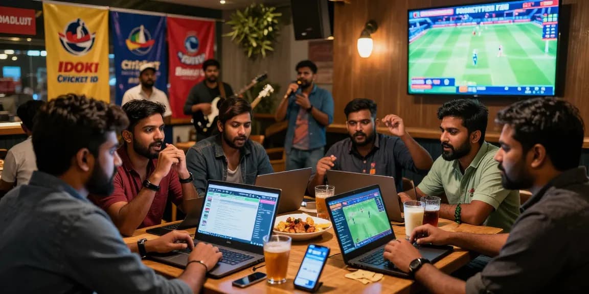 Engaged bettors celebrating while checking their Cricket Id at a lively sports bar.