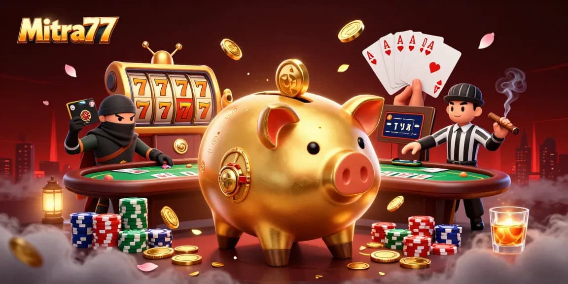 Mitra77 menghadirkan pertarungan antara pegulat bank piggy sumo dan ninja dompet di dunia slot dalam ilustrasi kasino.