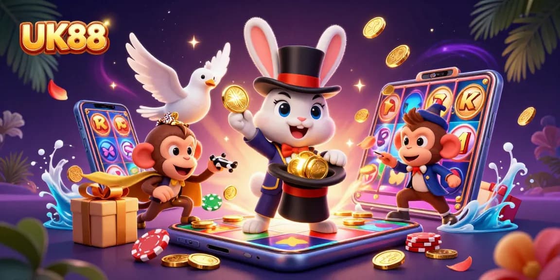 Engage with the UK88 magic casino scene, featuring a rabbit magician and charming companions.