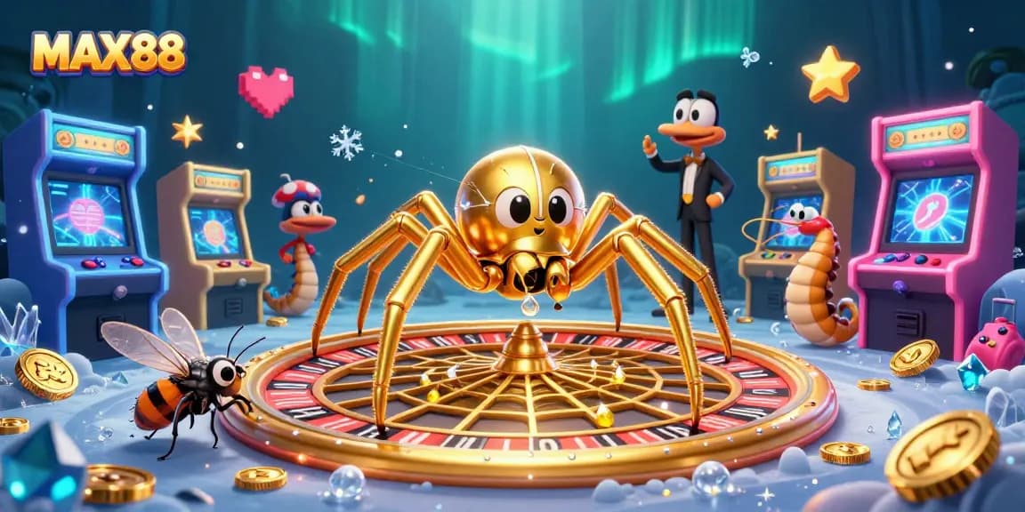 Experience the thrill of MAX88 with a golden spider roulette wheel and animated characters in this vibrant casino scene.