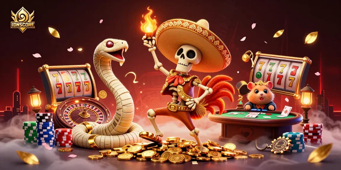 IDNSCORE showcases thrilling slot and poker action with vibrant characters and rich casino elements in a dynamic scene.