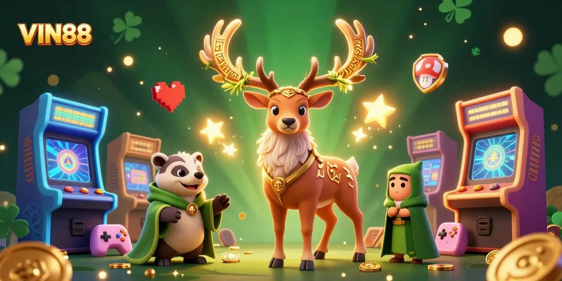 Engage with the thrilling casino world at VIN88 featuring vibrant characters, arcade elements, and enchanting visuals.