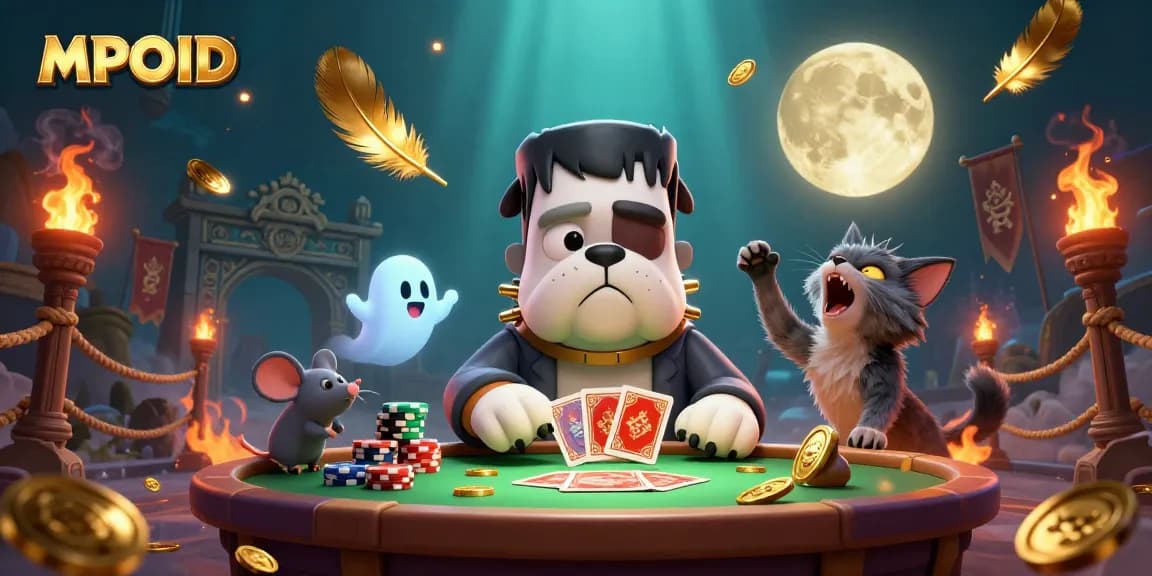 MPOID engages players with a thrilling 3D card game scene featuring a cartoon Frankenstein bulldog and ghostly elements.
