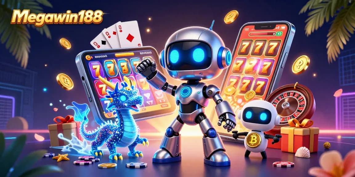 megawin188 menampilkan robot cyberpunk 3D dan naga AI holografik dalam dunia slot menarik