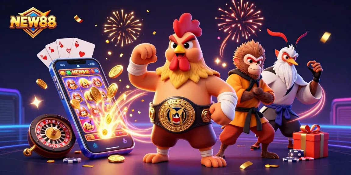 Engage in thrilling gambling with NEW88 as a vibrant rooster, monkey, and crane celebrate casino wins