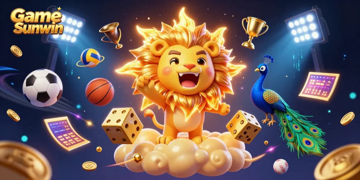 Engage in Game Sunwin with a vibrant 3D casino illustration showcasing golden elements and dynamic sports elements.