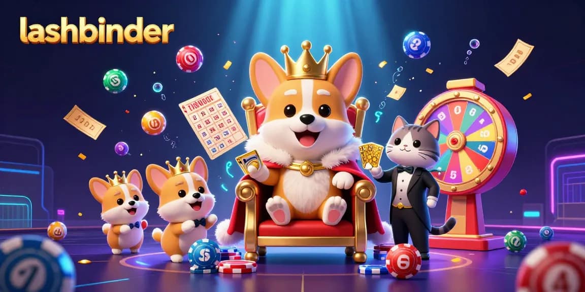 Join the excitement at lashbinder as colorful lottery elements bounce around a spectacular royal corgi casino scene.