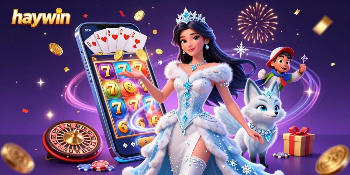 Join the excitement at haywin with this vibrant 3D scene featuring interactive casino games and festive elements.