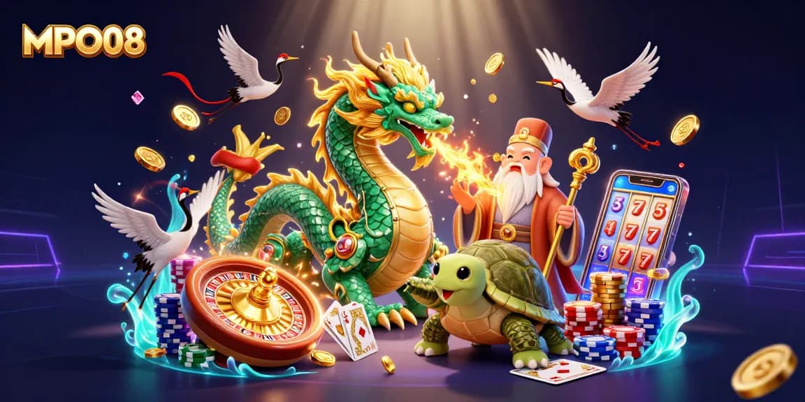MPO08 enhances excitement with a vivid 3D illustration of a jade dragon, lucky cranes, and casino elements.