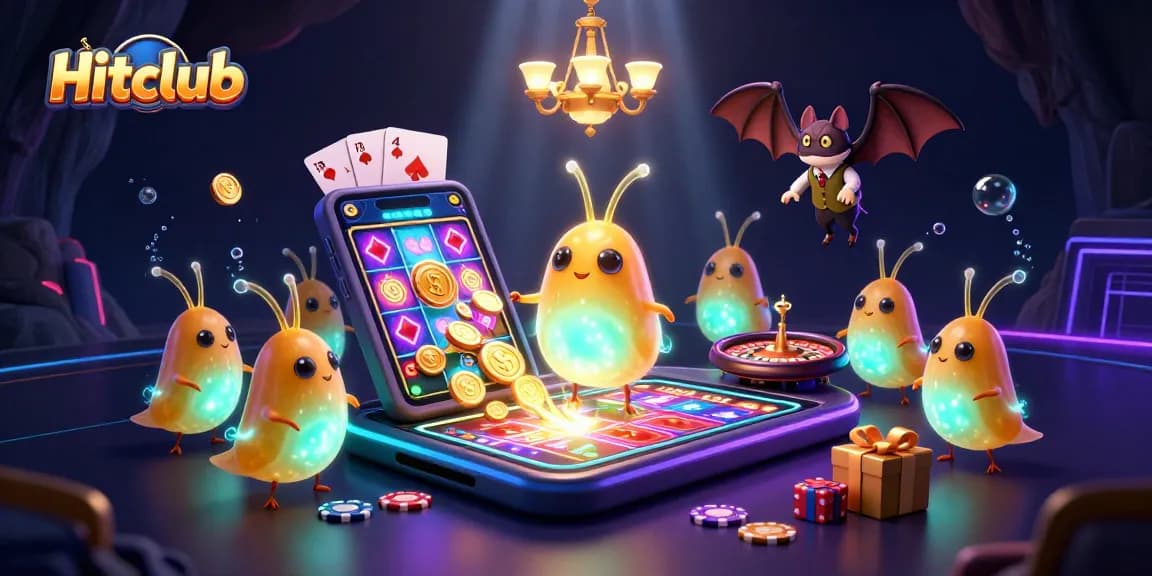 Hitclub glowworms illuminate a vibrant cave casino scene with a slotted smartphone, festive poker chips, and a bat dealer.