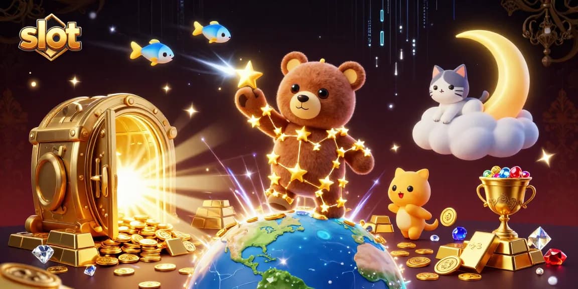 Menang besar di slot dengan bintang berkilau dan harta berlimpah dalam ilustrasi 3D yang fantastis.