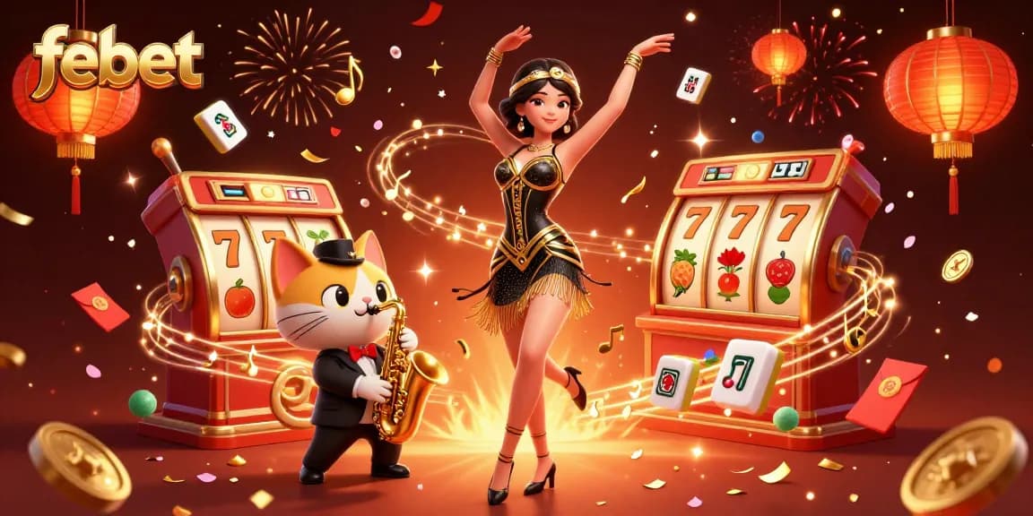 Join febet in an exciting casino celebration, featuring dancing characters and dynamic gaming elements.