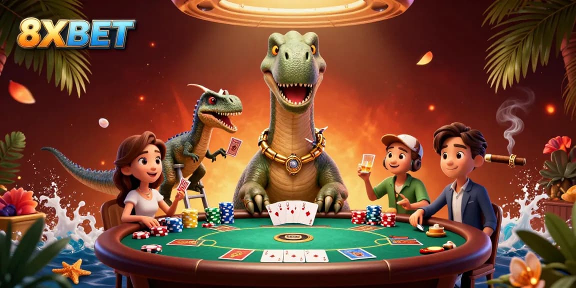Engage with thrilling poker games at 8XBET, featuring lively characters and dynamic casino elements.