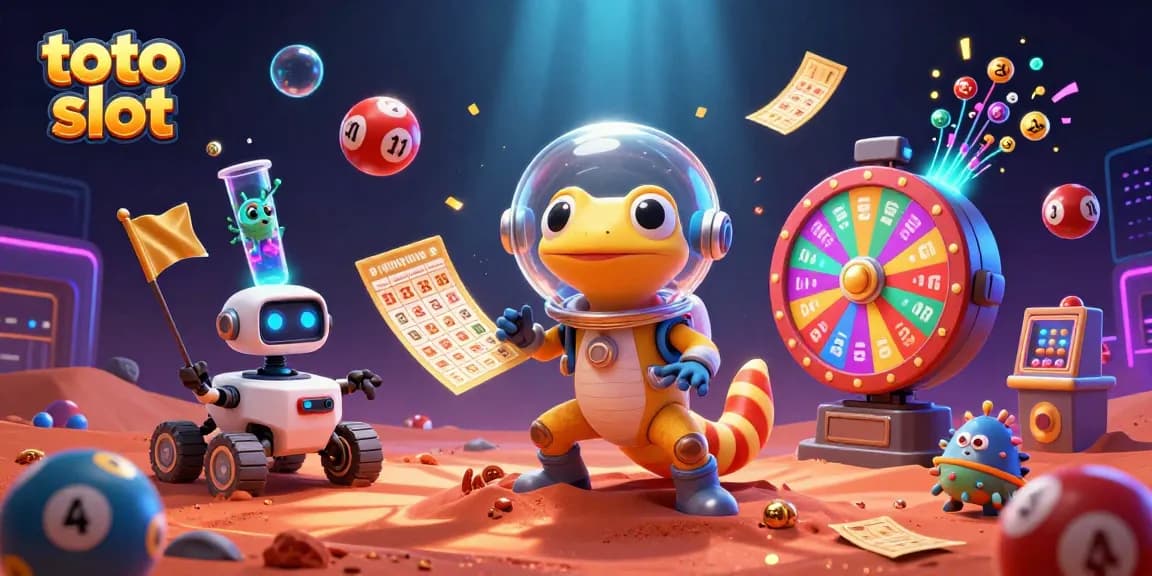 Experience the thrill of toto slot with a cartoon Martian gecko discovering a hidden casino adventure.