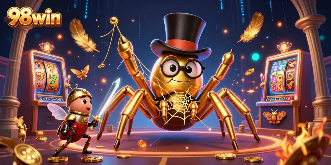 Watch the golden tarantula and beetle knight engage in thrilling casino adventures with 98win