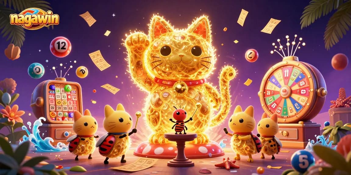 Nagawin showcases a vibrant casino scene with a lucky cat and colorful lottery elements amidst a magical backdrop.