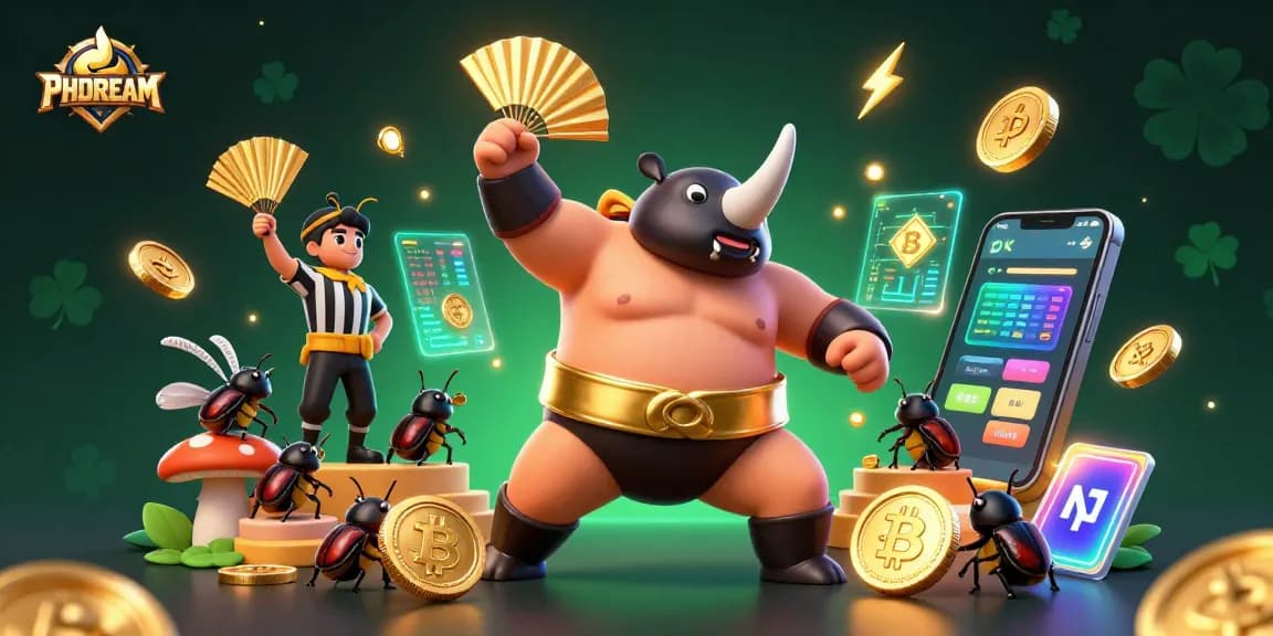 PHDREAM delivers thrilling casino action illustrated by a sumo beetle champion surrounded by coins and vibrant crypto elements.
