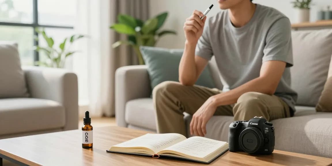 The legal age to vape in Cyprus is 18, featuring a stylish living room with CBD oil, vape pen, and a focus on wellness.