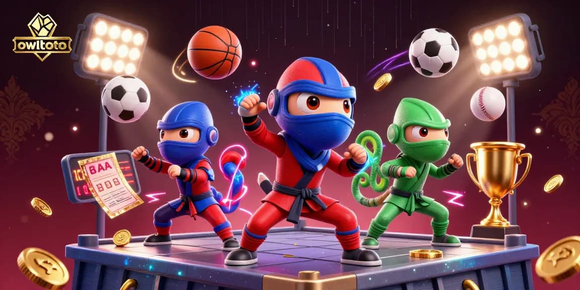 Experience the excitement of owltoto with a vibrant 3D casino scene featuring animated ninja chameleons, sports elements, and dynamic action.