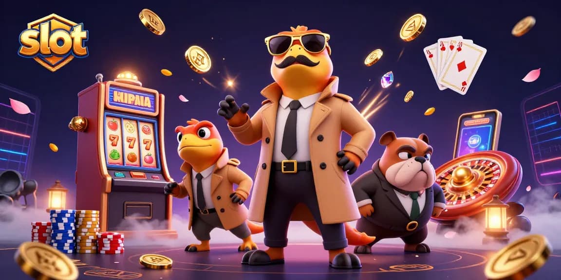 Menggulung slot dengan tiga raptor dalam jas, menumpuk koin emas dan permata berkilau di sekitar.