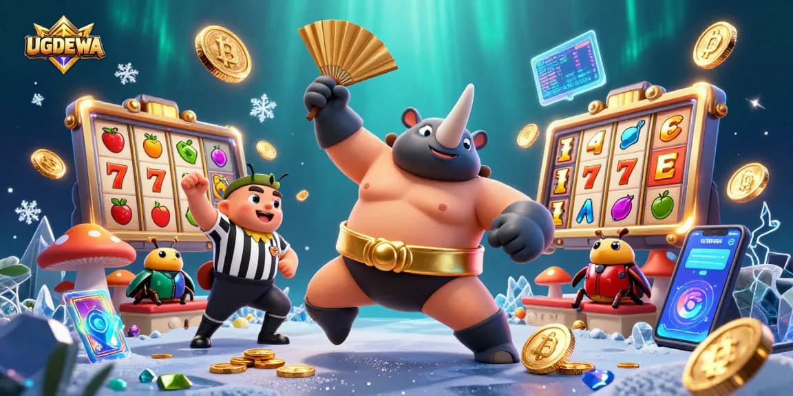 Experience the excitement of UGDEWA with a dynamic scene of a beetle champion surrounded by glowing coins and slot elements, highlighting casino action.