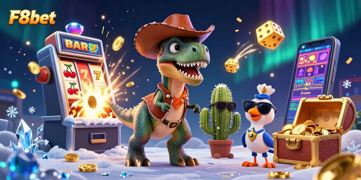 Experience the thrilling world of F8bet with a dynamic scene combining colorful characters and exciting casino elements.