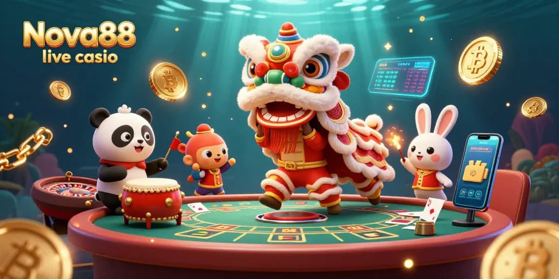 Nova88 live casino features a lively scene with lion dance characters celebrating amidst vibrant casino elements.