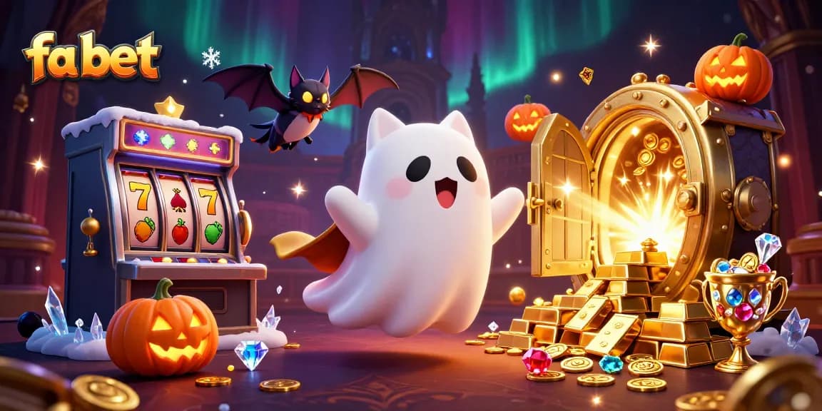 Play at fa bet with a ghost cat and bat in a vibrant haunted casino with slots and treasures.
