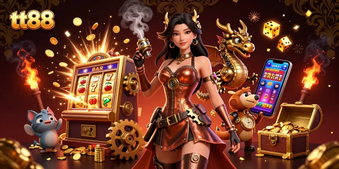 Experience thrilling gaming with tt88, showcasing a dynamic scene of slot machines and casino excitement.