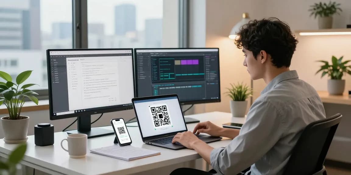 Demonstration of a qr code reader in a modern office workspace, highlighting user engagement with technology.