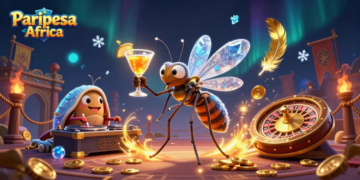 Plongez dans l'univers de Paripesa Africa avec cette illustration dynamique présentant un moustique et un trilobite DJ au casino.