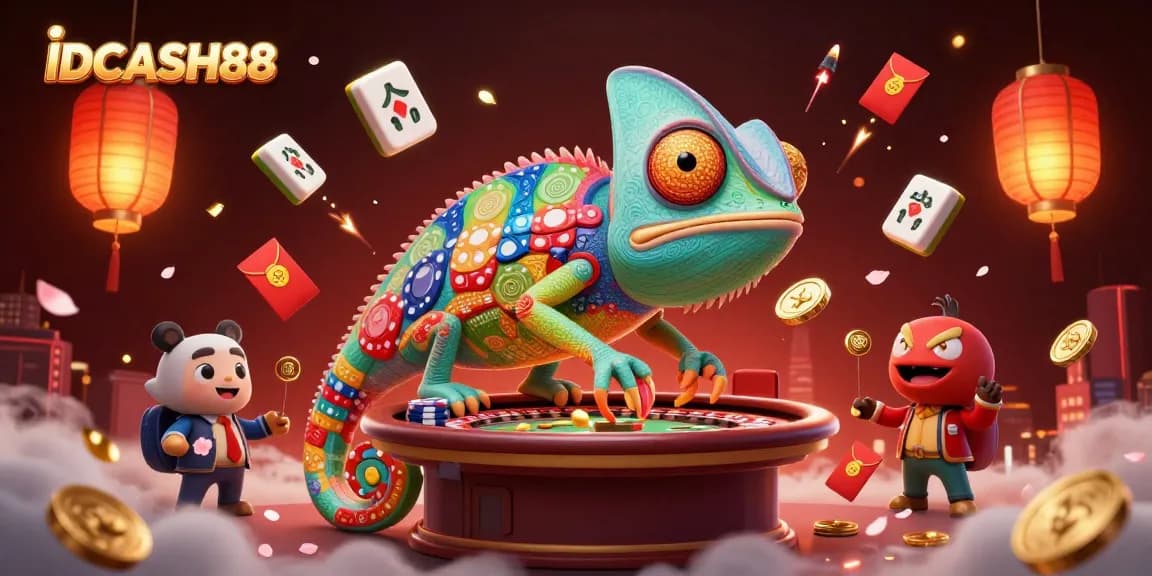 Engage with IDCASH88 in an exciting casino scene featuring a chameleon owner amid vibrant visuals.