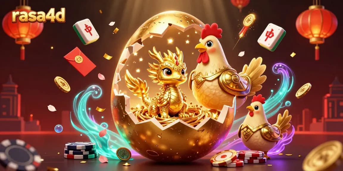 Rasa4d mempresentasikan ilustrasi kasino dengan naga emas dan simbol permainan yang berkilau.