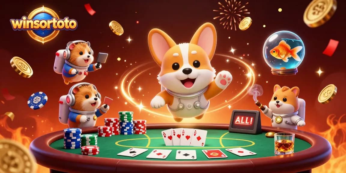 Experience winsortoto with floating characters in a vibrant casino scene filled with poker excitement.