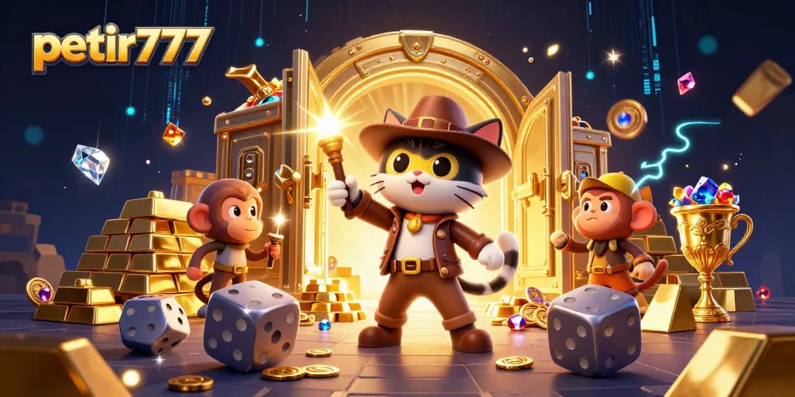 Engage with petir777 as the adventurous cat unearths golden treasures in a vibrant casino-themed scene.