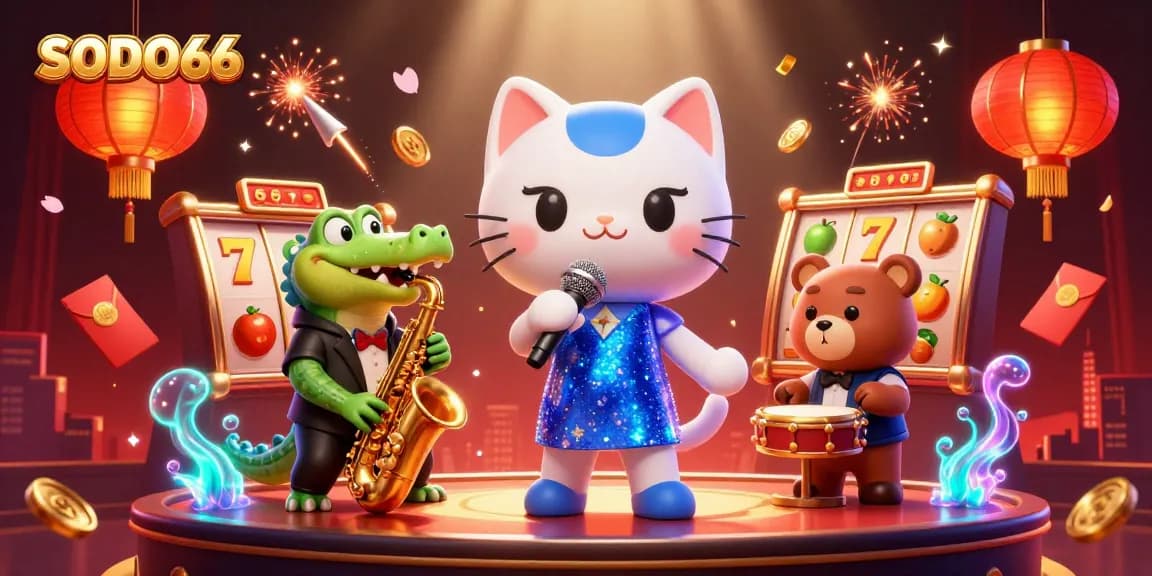 SODO66 players enjoy vibrant 3D casino atmosphere with slot machines, animated characters, and festive elements.