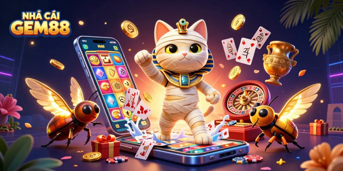 Engage with NHÀ CÁI GEM88's vibrant casino games, showcased in a lively 3D scene.