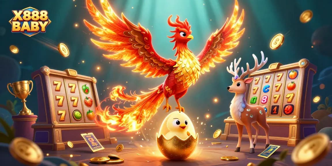 X888 BABY slots action featuring a vibrant phoenix scene with dynamic game elements and golden coins.