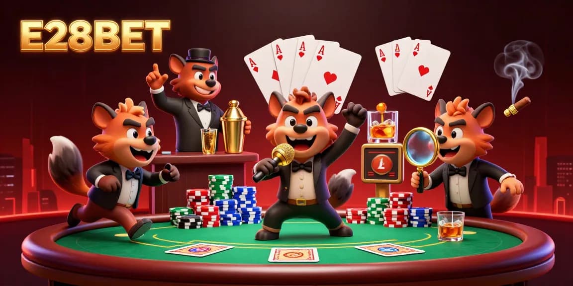 Experience excitement at E28BET with a dynamic casino club scene featuring hyena characters and thrilling game elements.