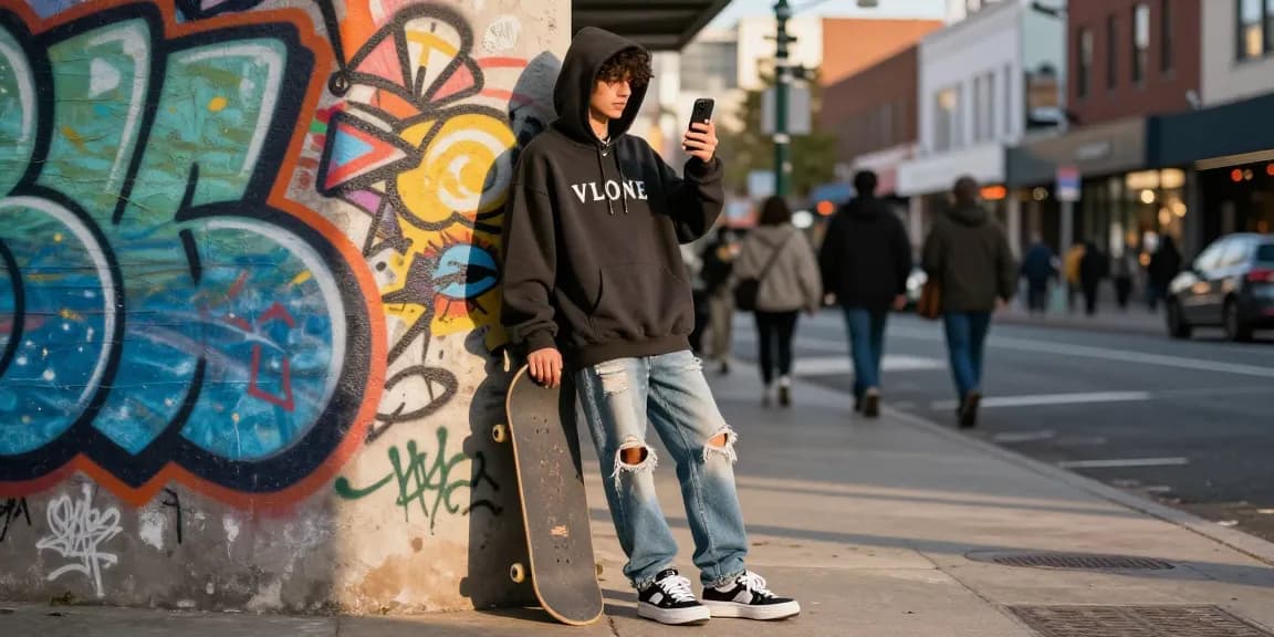 Urban streetwear look featuring a person in a Vlone hoodie, showcasing trendy fashion and lifestyle.